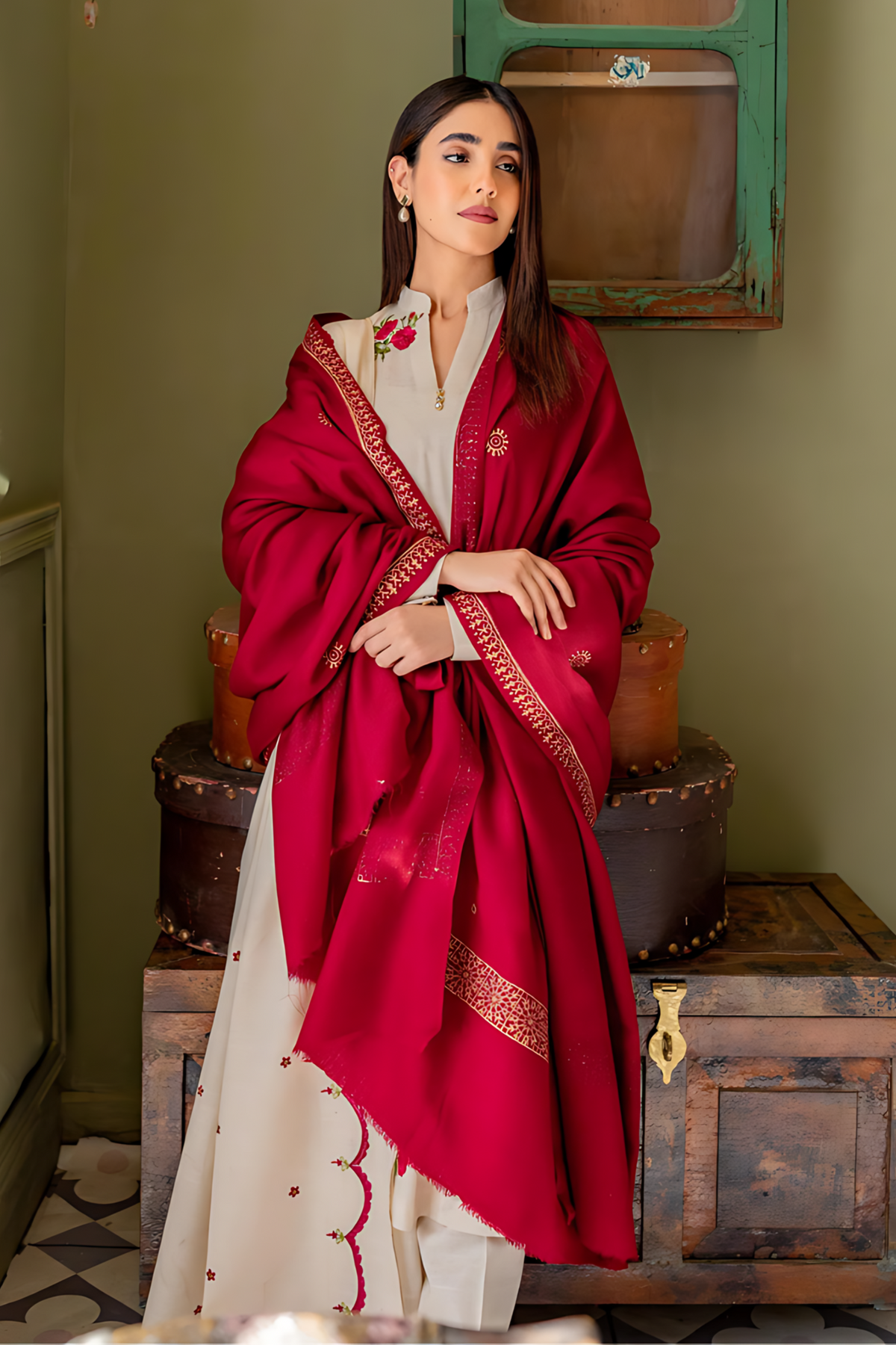 AISLING - 3PC DHANAK EMBROIDERED SHIRT WITH PRINTED SHAWL AND TROUSER - HZG1498