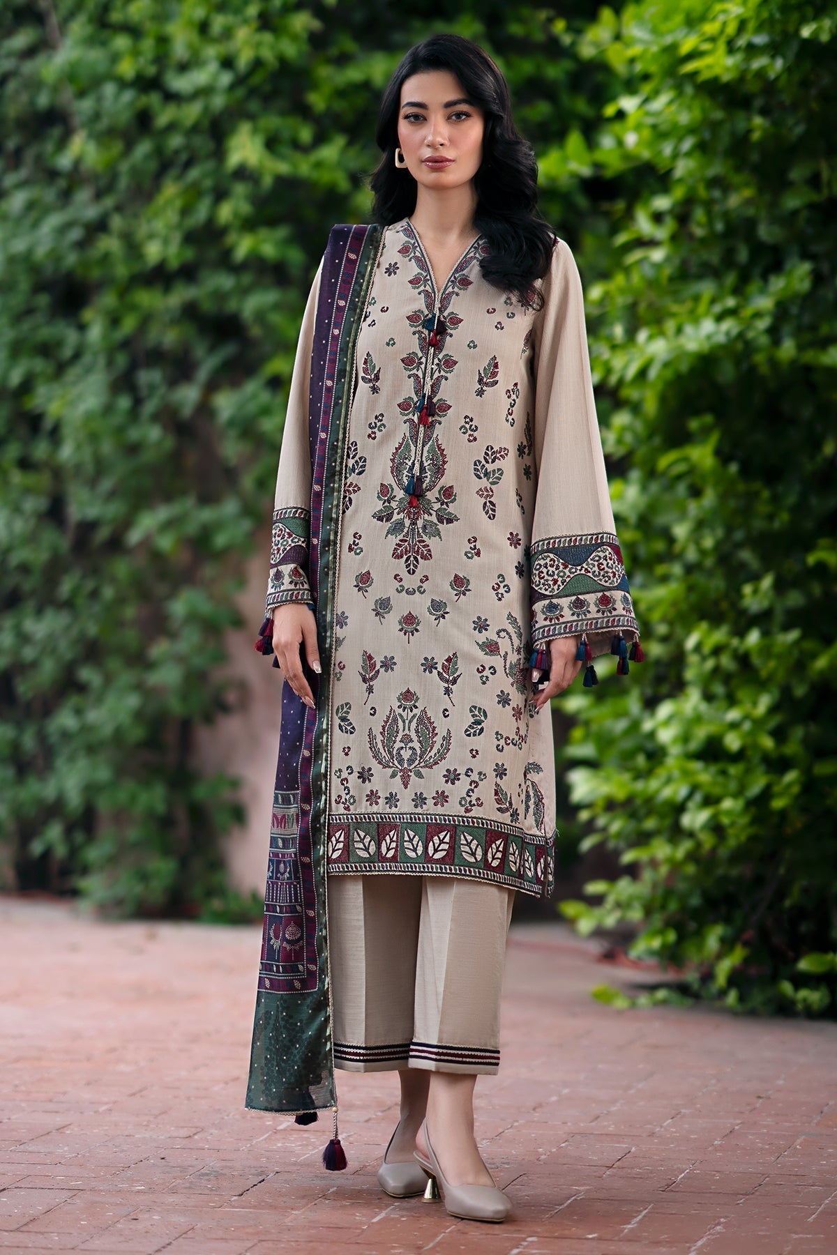 JAZMIN - 3PC DHANAK EMBROIDERED SHIRT WITH TWILL PRINTED SHAWL AND TROUSER - HZG1882