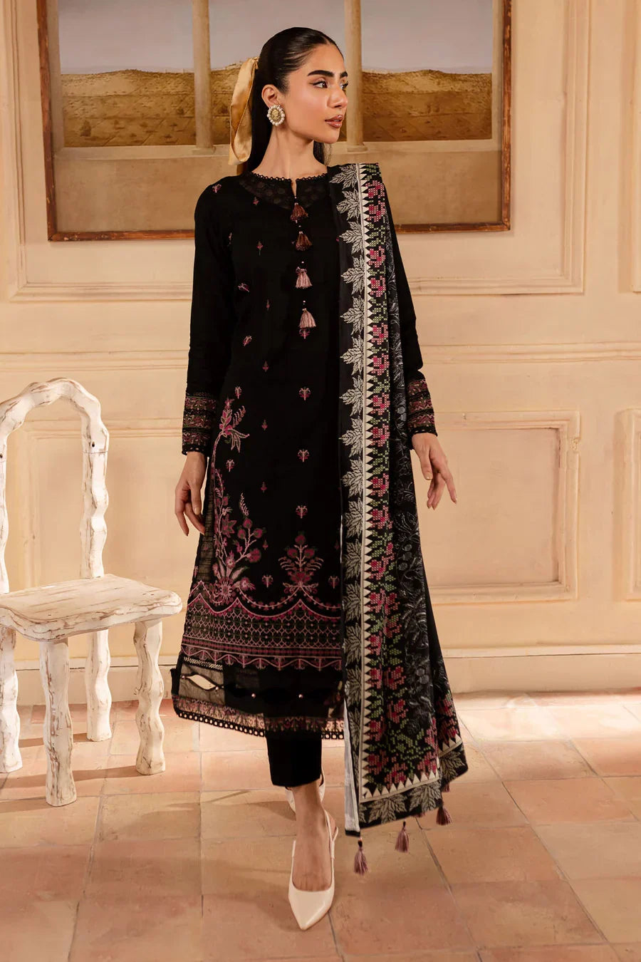 NUREH - 3PC DHANAK EMBROIDERED SHIRT WITH TWILL PRINTED SHAWL AND TROUSER - HZG2546