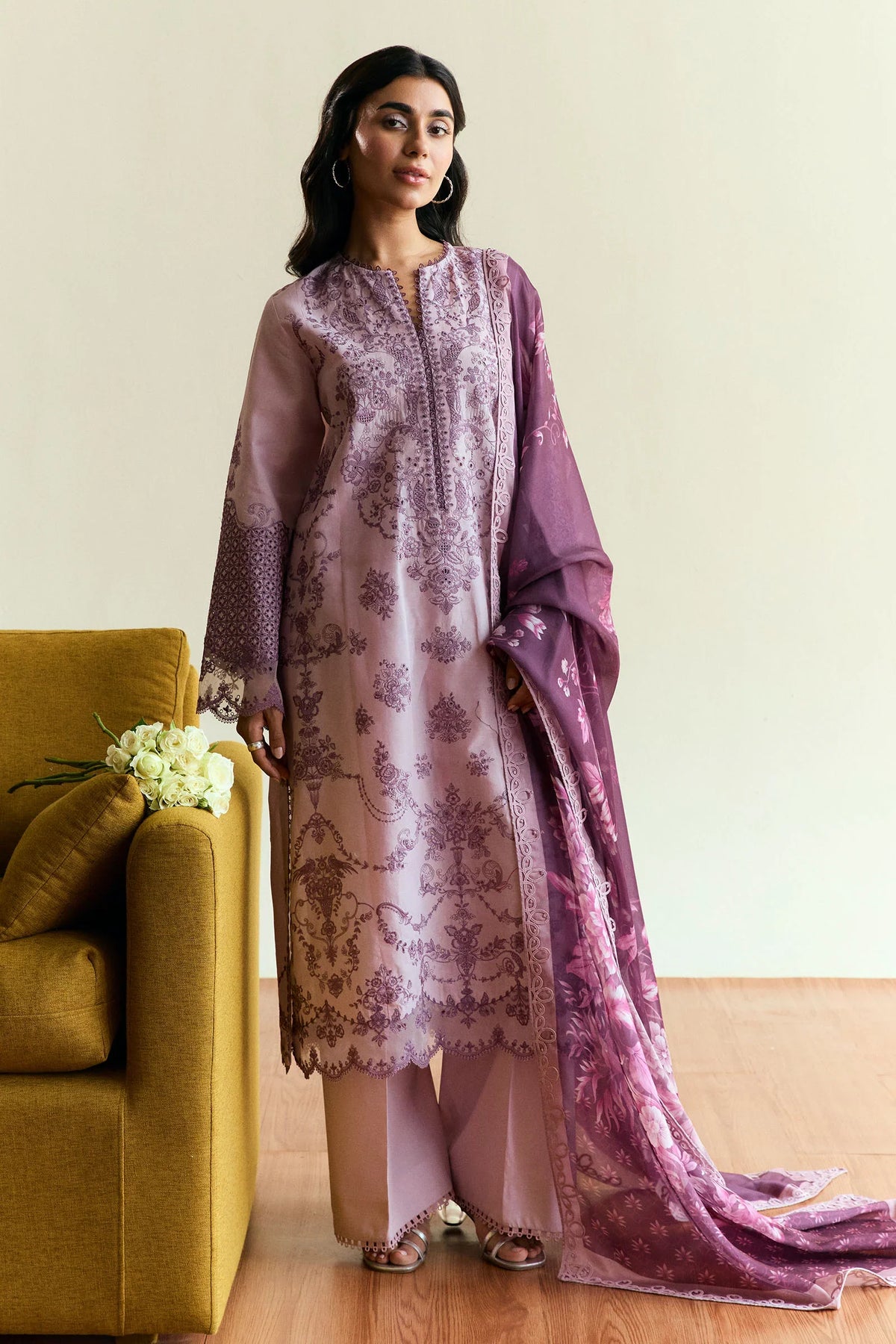 ZARA SHAH JAHAN - DHANAK EMBROIDERED SHIRT WITH TWILL PRINTED SHAWL AND TROUSER - HZG2284