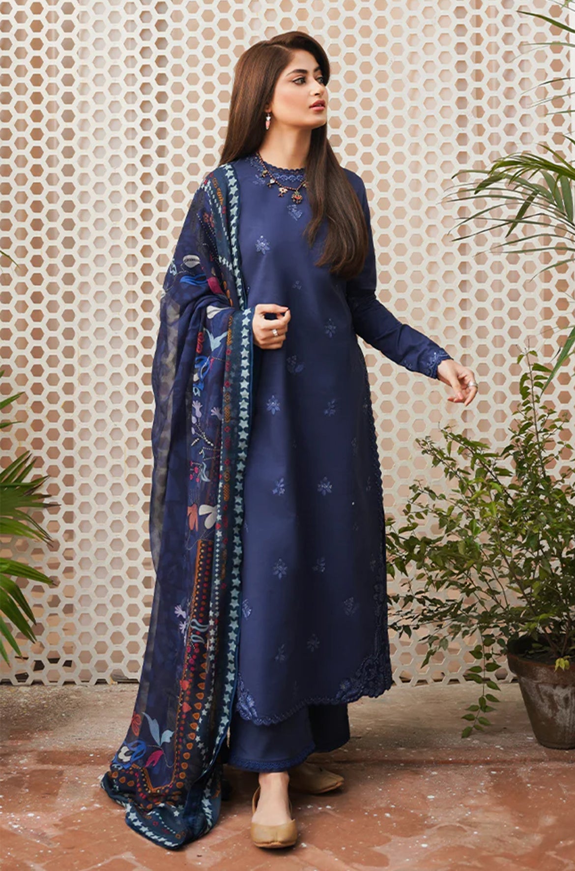 SERAN - 3PC DHANAK EMBROIDERED SHIRT WITH TWILL PRINTED SHAWL AND TROUSER - HZG1681