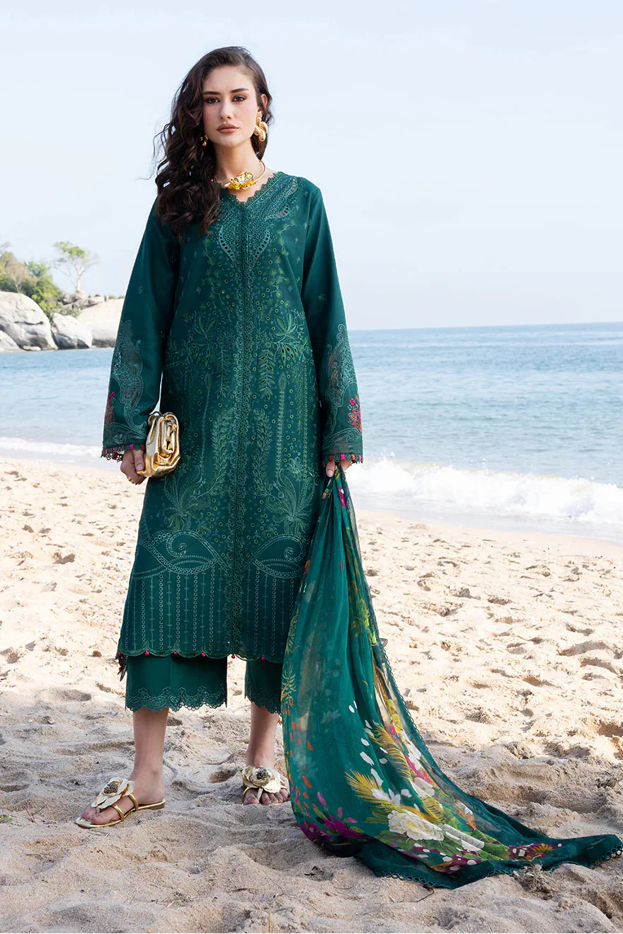 FIONA - 3PC LAWN CHIKANKAARI EMBROIDERED SHIRT WITH CHIFFON PRINTED DUPATTA AND TROUSER - HZG2990