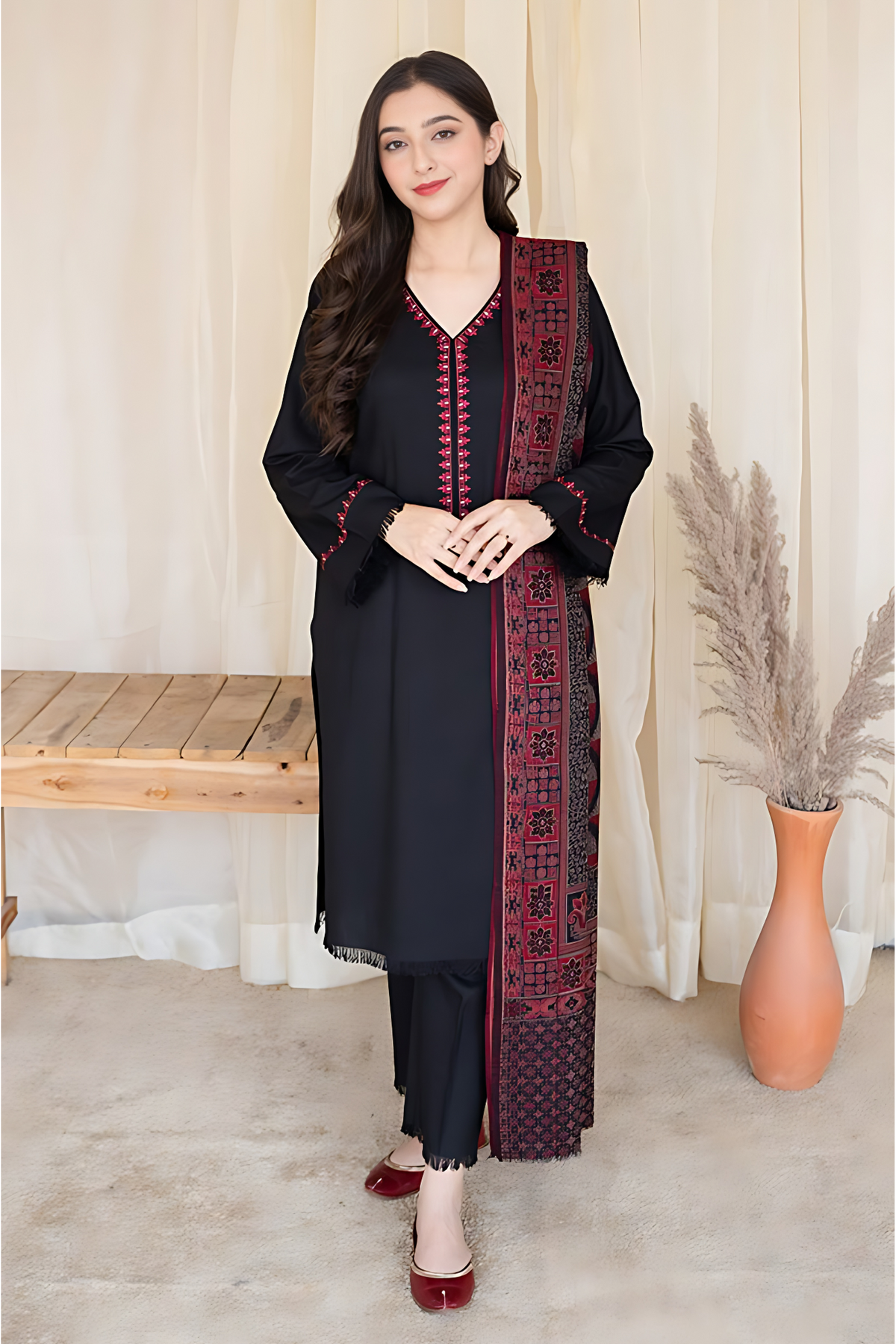AISLING - 3PC DHANAK EMBROIDERED SHIRT WITH SLUB WOOL SHAWL AND TROUSER - HZG1386