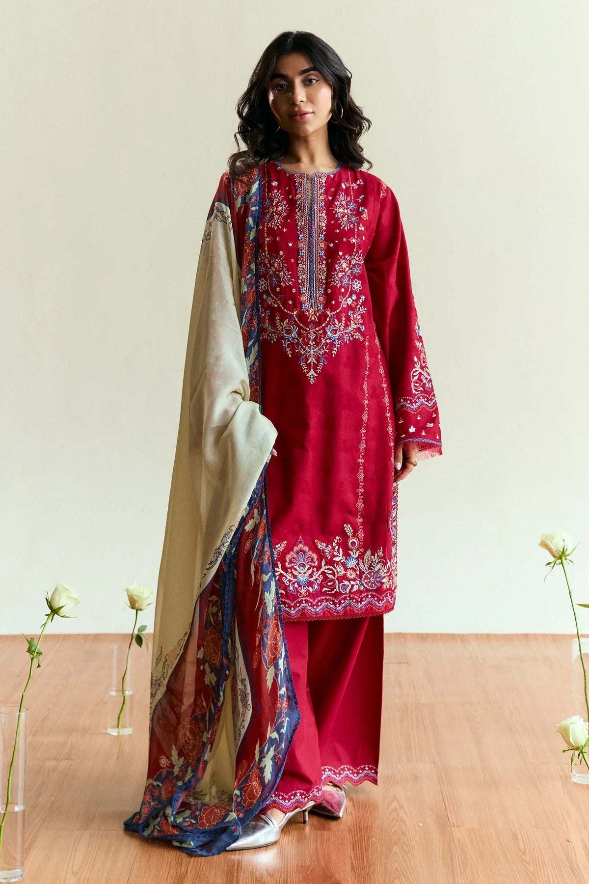 ZARA SHAH JAHAN - 3PC DHANAK EMBROIDERED SHIRT WITH TWILL PRINTED SHAWL AND TROUSER - HZG2339