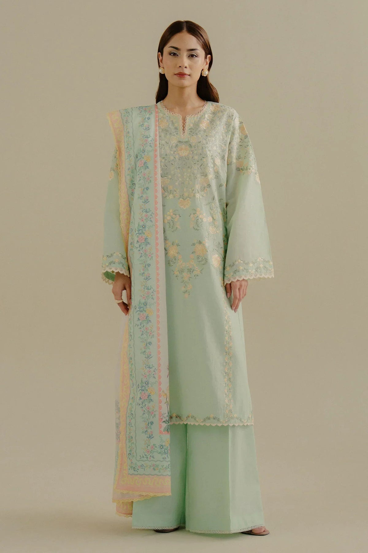 ZARA SHAH JAHAN - 3PC LAWN EMBROIDERED SHIRT WITH CHIFFON PRINTED DUPATTA AND TROUSER - HZG2294