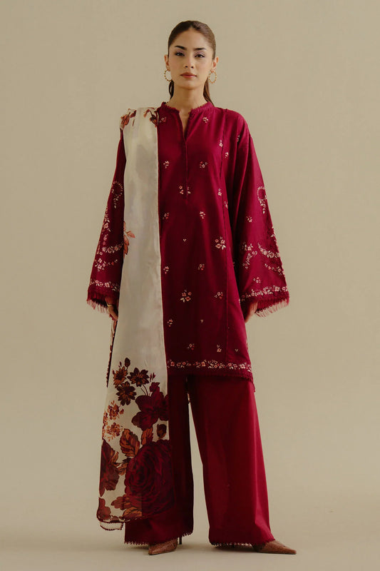 ZARA SHAH JAHAN - 3PC LAWN EMBROIDERED SHIRT WITH CHIFFON PRINTED DUPATTA AND TROUSER - HZG2292