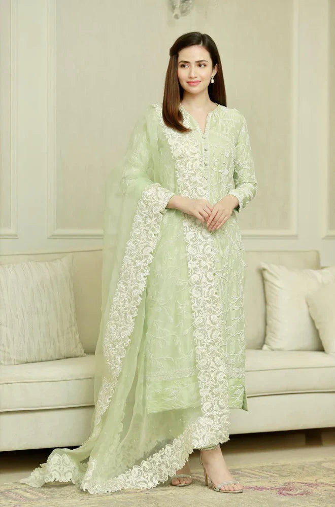 BAREEZE - 3PC LAWN HEAVY EMBROIDERED SHIRT WITH ORGANZA EMBROIDERED DUPATTA - HZG1057