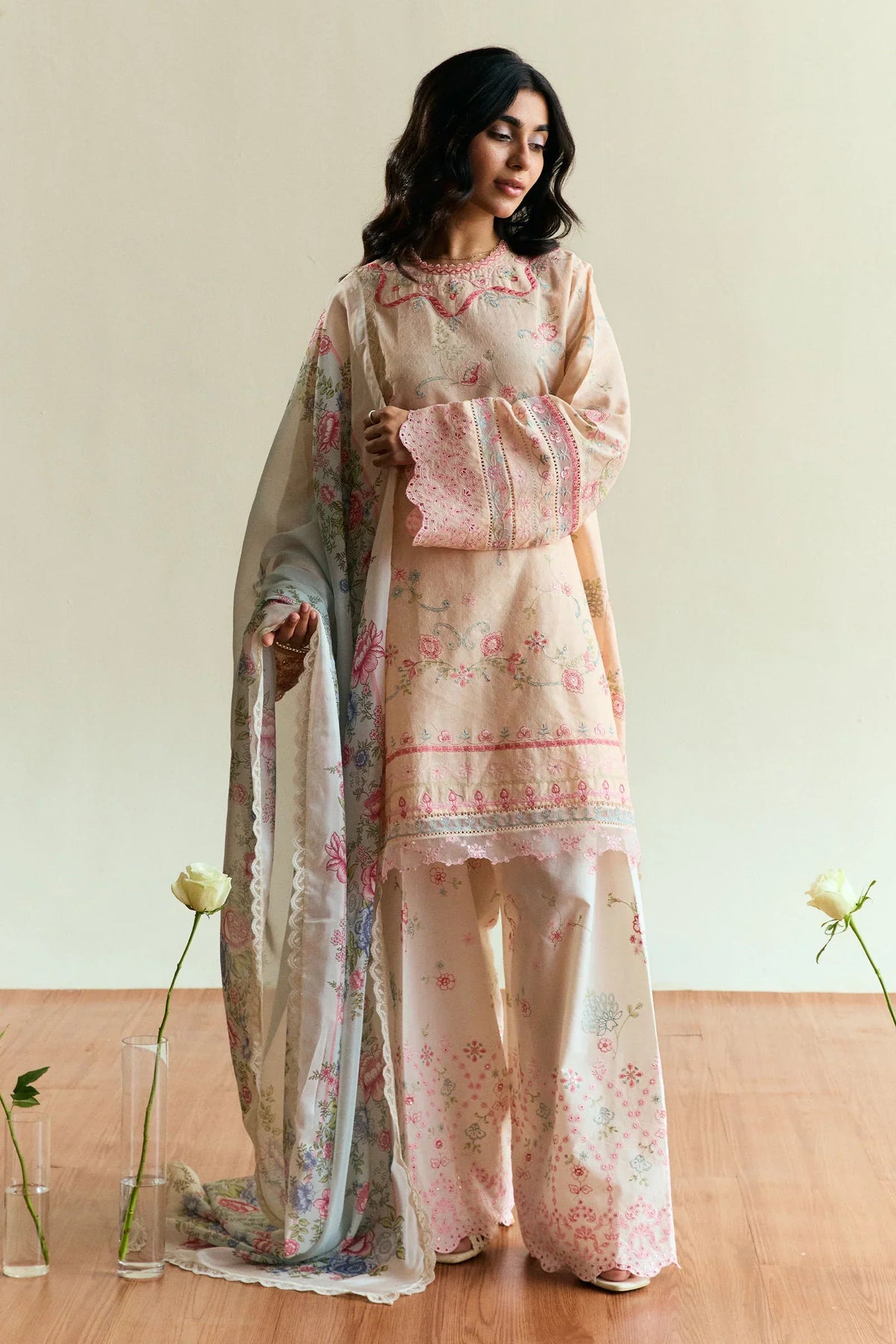 ZARA SHAH JAHAN - 3PC DHANAK EMBROIDERED SHIRT WITH TWILL PRINTED SHAWL AND EMBROIDERED TROUSER - HZG2315