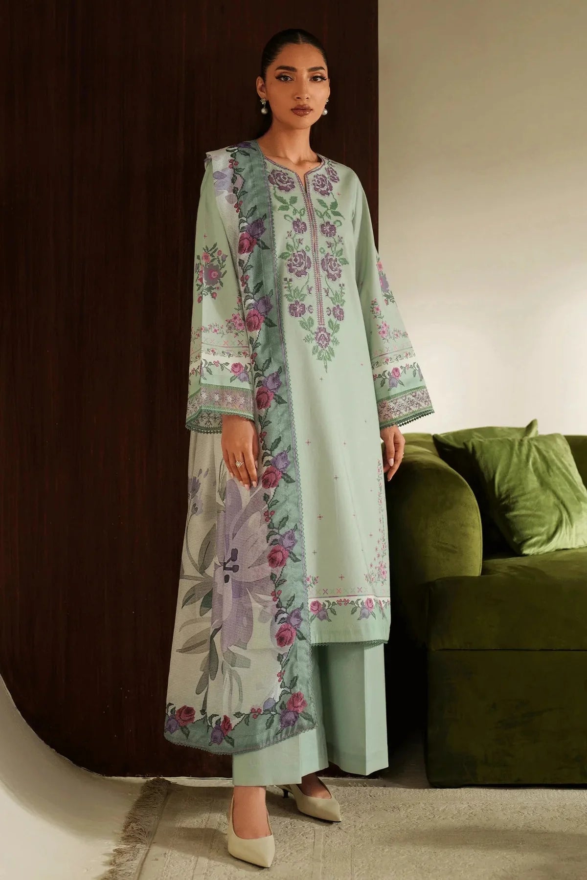 SERAN - 3PC DHANAK EMBROIDERED SHIRT WITH TWILL PRINTED SHAWL AND TROUSER - HZU2536