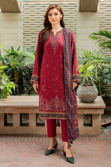 JAZMIN - 3PC KHADDAR EMBROIDERED SHIRT WITH TWILL PRINTED SHAWL AND TROUSER - HZG1933