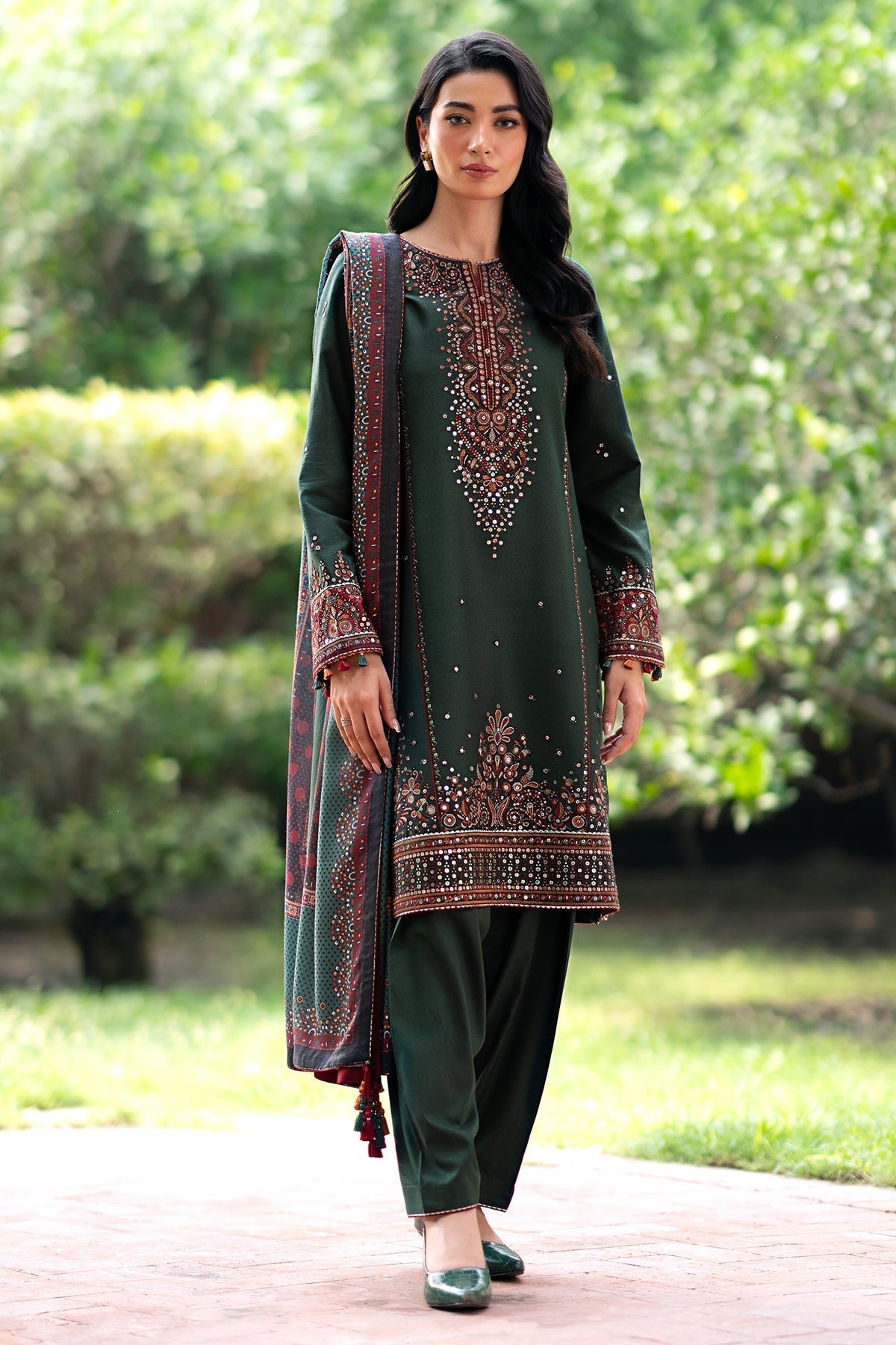 JAZMIN - 3PC DHANAK SEQUIN EMBROIDERED SHIRT WITH TWILL PRINTED SHAWL AND TROUSER - HZG1885