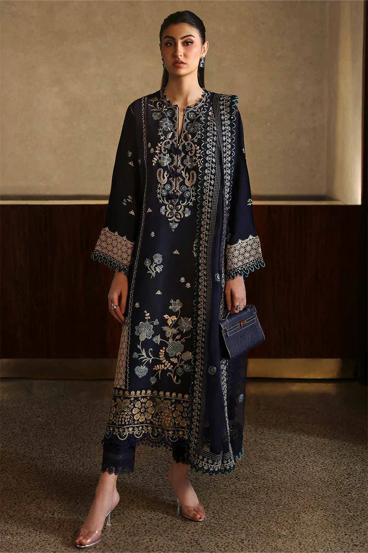 ZAHA - 3PC DHANAK EMBROIDERED SHIRT WITH DHANAK EMBROIDERED SHAWL AND TROUSER - HZU2464