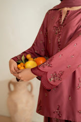 IZNIK - 3PC DHANAK EMBROIDERED SHIRT WITH TWILL PRINTED SHAWL AND TROUSER - HZG2393