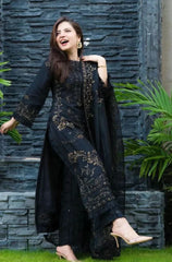 DANANEER - 3PC DHANAK EMBROIDERED SHIRT WITH ORGANZA EMBROIDERED DUPATTA AND TROUSER - HZG1004
