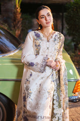 JADE - 3PC DHANAK EMBROIDERED SHIRT WITH TWILL PRINTED SHAWL AND TROUSER - HZG2408