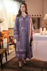 JADE - 3PC DHANAK CHIKANKAARI EMBROIDERED SHIRT WITH TWILL PRINTED SHAWL AND TROUSER - HZG2202