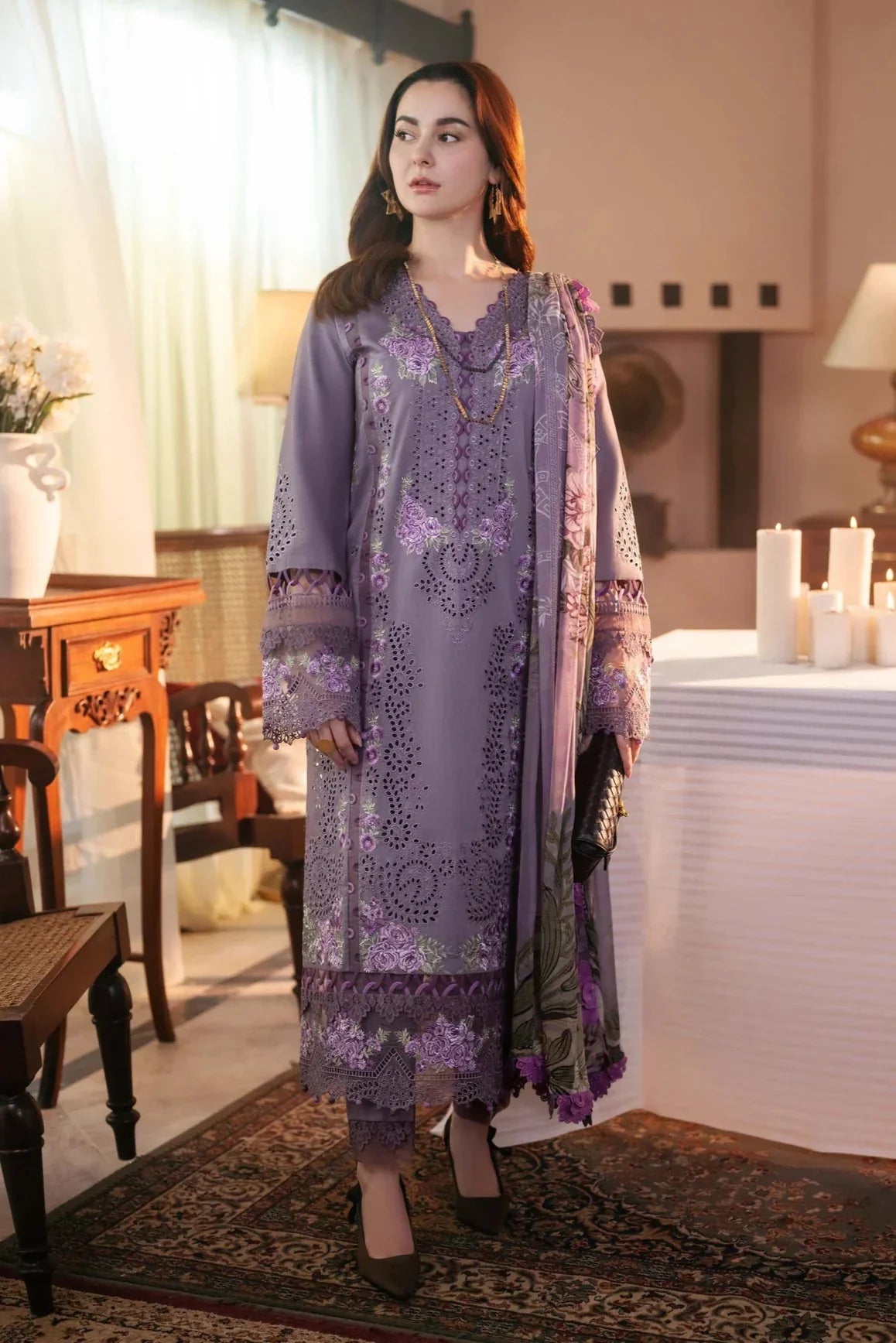 JADE - 3PC LAWN CHIKANKAARI EMBROIDERED SHIRT WITH CHIFFON PRINTED DUPATTA AND TROUSER - HZG2624