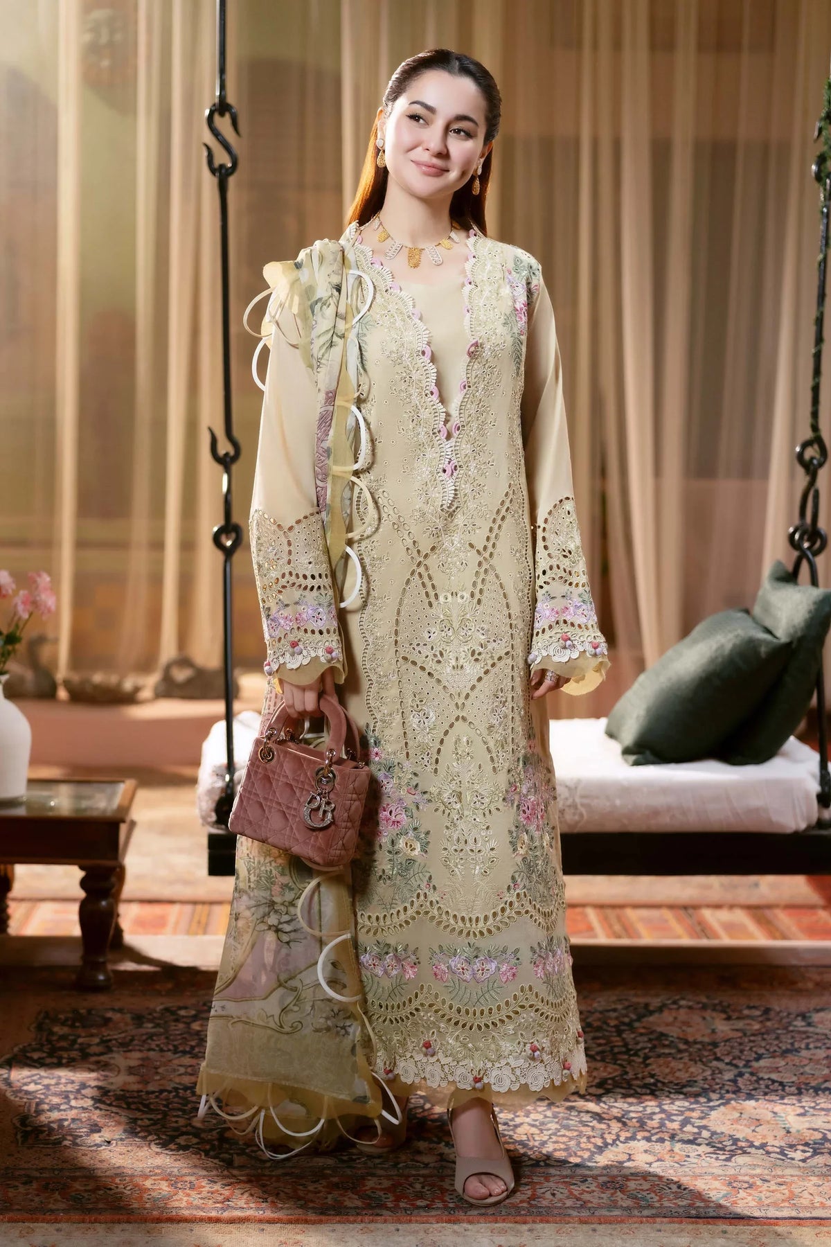 JADE - 3PC LAWN CHIKANKAARI EMBROIDERED SHIRT WITH MANAAR PRINTED DUPATTA AND TROUSER - HZG3091
