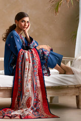 ETHNC - 3PC DHANAK EMBROIDERED SHIRT WITH TWILL PRINTED SHAWL AND TROUSER - HZG2396