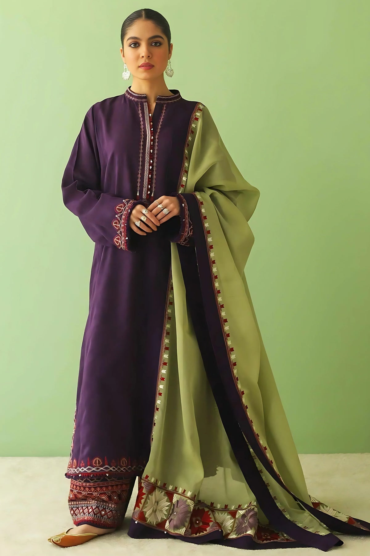 ZARA SHAH JAHAN - 3PC DHANAK EMBROIDERED SHIRT WITH DHANAK EMBROIDERED DUAPTTA AND TROUSER - HZG1389