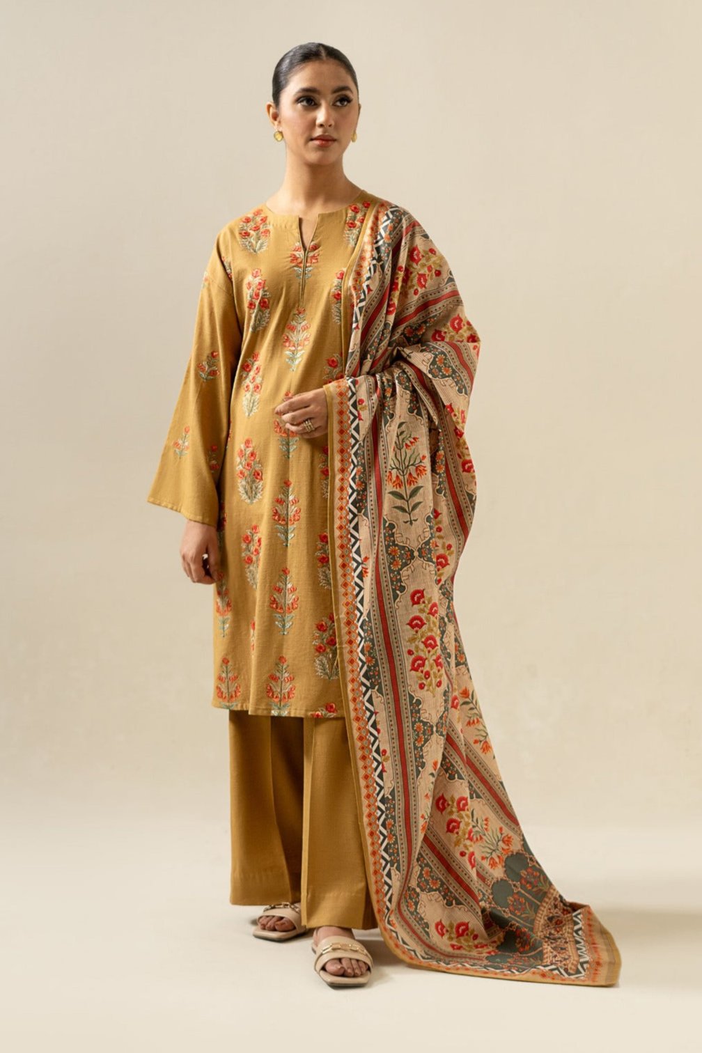 SAPPHIRE - 3PC DHANAK EMBROIDERED SHIRT WITH TWILL PRINTED SHAWL AND TROUSER - HZG1949