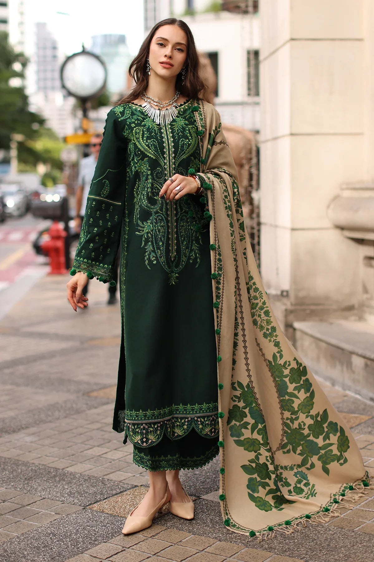 CHARIZMA - 3PC DHANAK EMBROIDERED SHIRT TWILL PRINTED SHAWL AND TROUSER - HZG3159