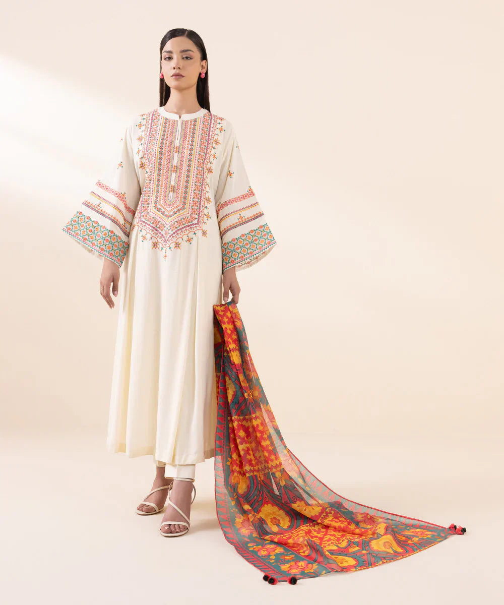 SAPPHIRE - 3PC DHANAK EMBROIDERED SHIRT WITH TWILL PRINTED SHAWL AND TROUSER - HZG1897