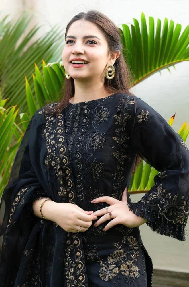 DANANEER - 3PC DHANAK EMBROIDERED SHIRT WITH ORGANZA EMBROIDERED DUPATTA AND TROUSER - HZG1004