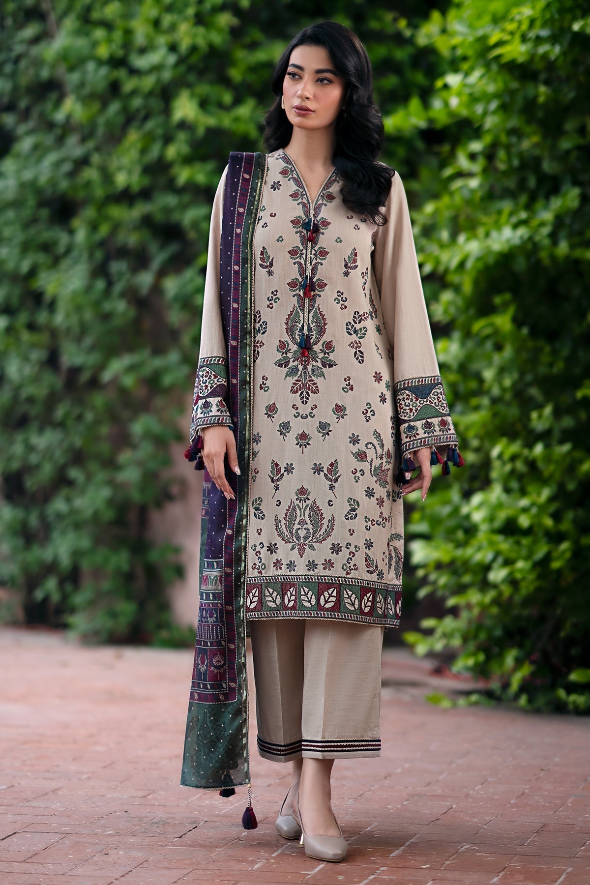JAZMIN - 3PC DHANAK EMBROIDERED SHIRT WITH TWILL PRINTED SHAWL AND TROUSER - HZG1882