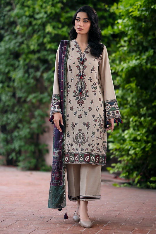 JAZMIN - 3PC DHANAK EMBROIDERED SHIRT WITH TWILL PRINTED SHAWL AND TROUSER - HZG1882