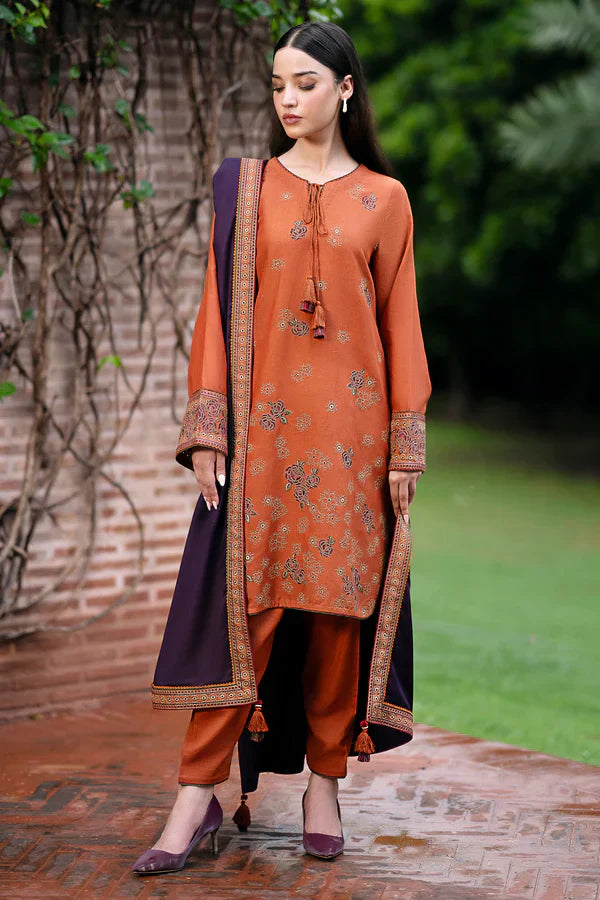 JAZMIN - 3PC DHANAK EMBROIDERED SHIRT WITH DHANAK EMBROIDERED SHAWL AND TROUSER - HZG1800