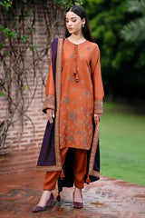 JAZMIN - 3PC DHANAK EMBROIDERED SHIRT WITH DHANAK EMBROIDERED SHAWL AND TROUSER - HZG1800
