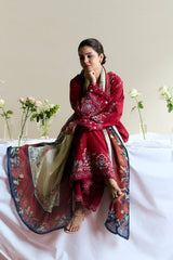 ZARA SHAH JAHAN - 3PC DHANAK EMBROIDERED SHIRT WITH TWILL PRINTED SHAWL AND TROUSER - HZG2339