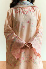 ZARA SHAH JAHAN - 3PC DHANAK EMBROIDERED SHIRT WITH TWILL PRINTED SHAWL AND EMBROIDERED TROUSER - HZG2315