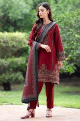 JAZMIN - 3PC DHANAK SEQUIN EMBROIDERED SHIRT WITH TWILL PRINTED SHAWL AND TROUSER - HZG1886