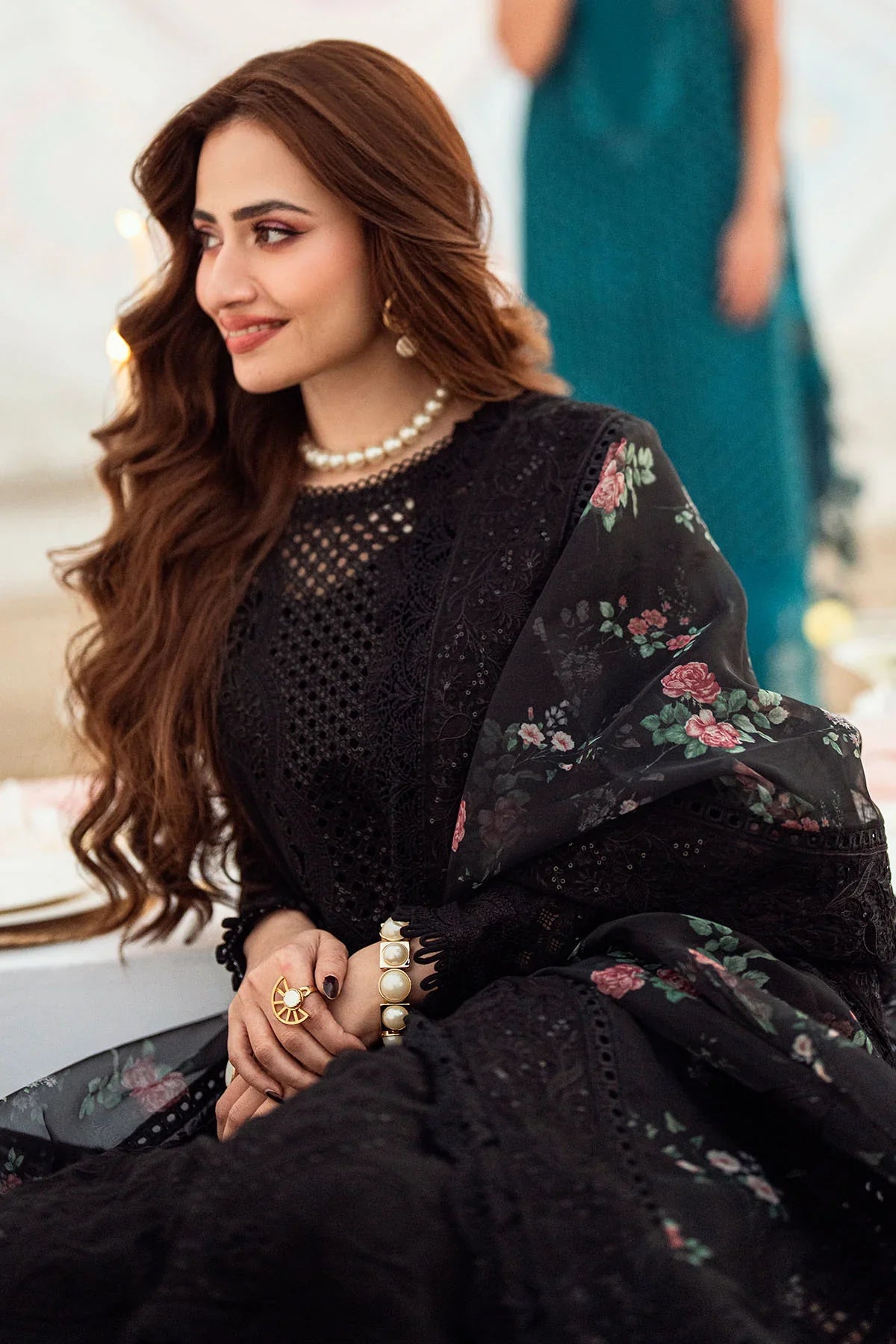 NUREH - 3PC DHANAK EMBROIDERED SHIRT WITH MANAAR NET PRINTED EMBROIDERED DUPATTA AND TROUSER - HZG2123