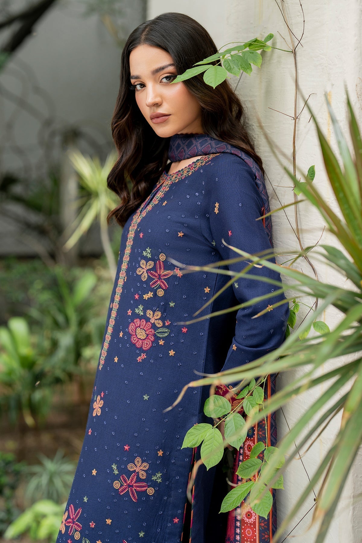 JAZMIN - 3PC KHADDAR EMBROIDERED SHIRT WITH TWILL PRINTED SHAWL AND TROUSER - HZG1828