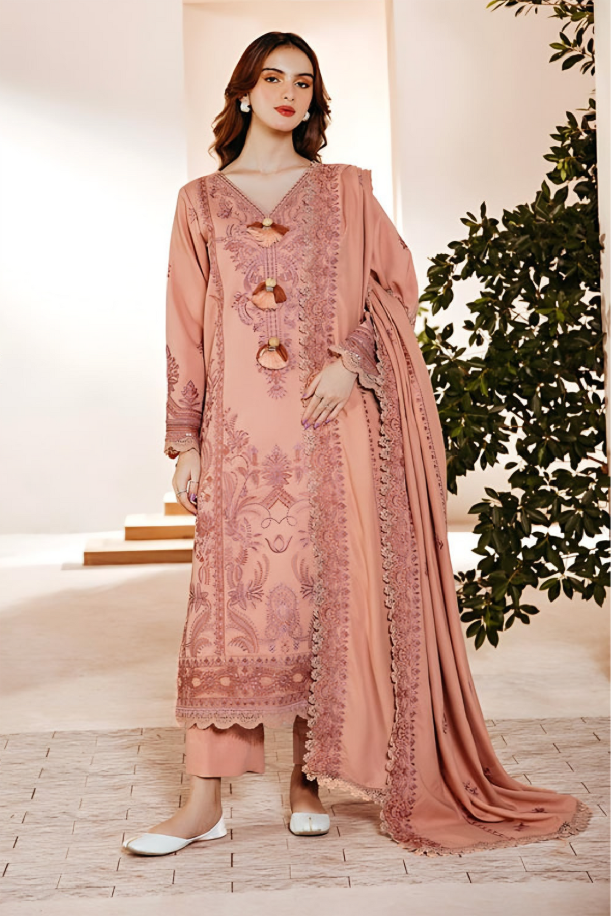FLORENT - 3PC DHANAK EMBROIDERED SHIRT WITH DHANAK EMBROIDERED SHAWL AND TROUSER - HZG1930