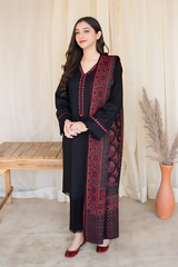 AISLING - 3PC DHANAK EMBROIDERED SHIRT WITH SLUB WOOL SHAWL AND TROUSER - HZG1386