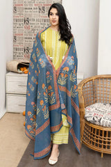 URGE - 3PC DHANAK EMBROIDERED SHIRT WITH TWILL PRINTED SHAWL AND EMBROIDERED TROUSER - HZG1597