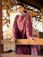 BIN ILYAS - 3PC DHANAK EMBROIDERED SHIRT WITH TWILL PRINTED SHAWL AND TROUSER - HZG3115