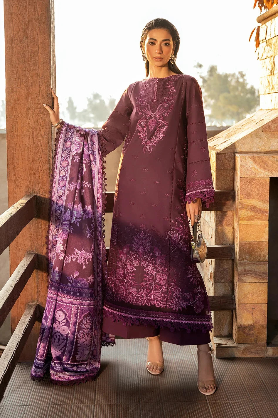 BIN ILYAS - 3PC DHANAK EMBROIDERED SHIRT WITH TWILL PRINTED SHAWL AND TROUSER - HZG3115