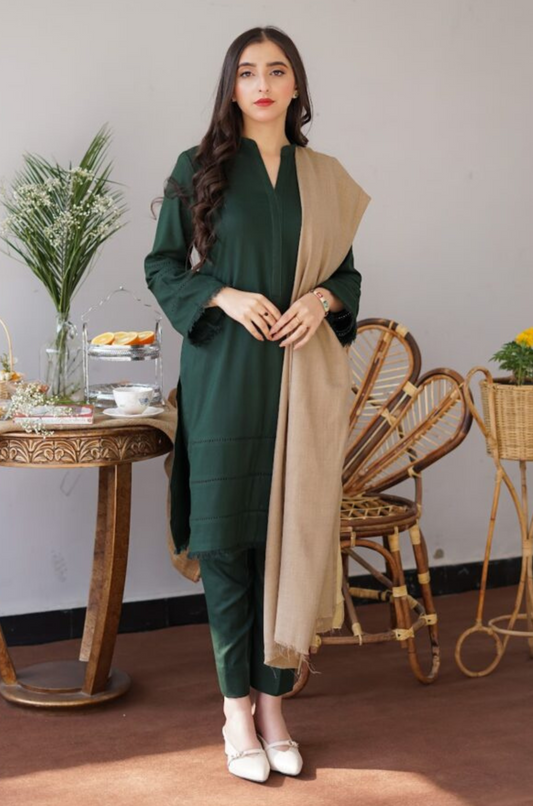 AISLING - 3PC DHANAK SHIRT WITH  WOOL SHAWL AND TROUSER - HZG1342