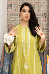 URGE - 3PC DHANAK EMBROIDERED SHIRT WITH TWILL PRINTED SHAWL AND EMBROIDERED TROUSER - HZG1597