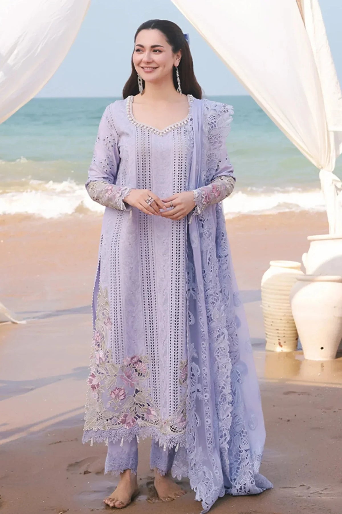 IMROZIA - 3PC LAWN CHIKANKAARI EMBROIDERED SHIRT WITH KHADDI NET EMBROIDERED DUPATTA AND TROUSER - HZG2862