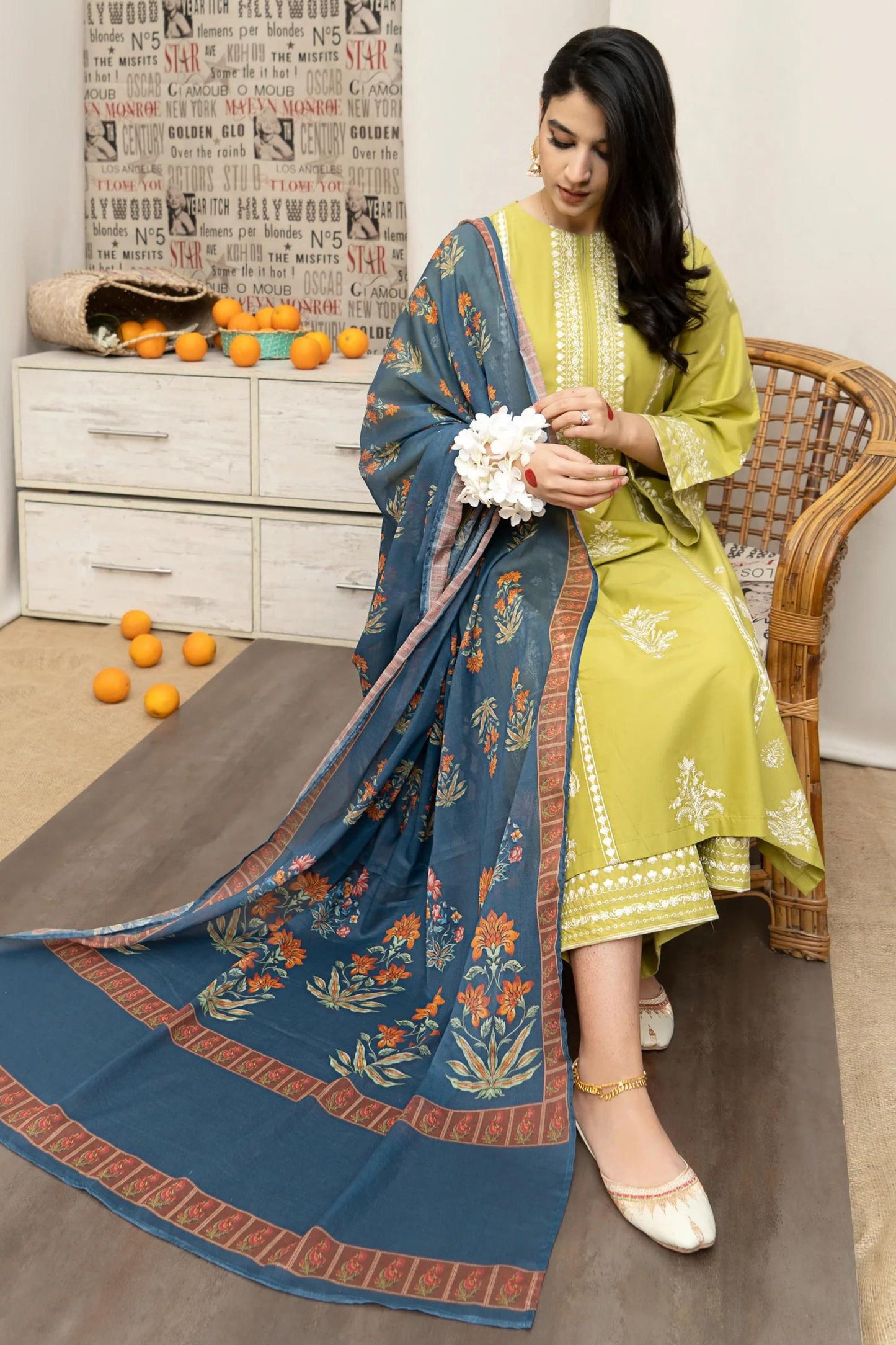 URGE - 3PC DHANAK EMBROIDERED SHIRT WITH TWILL PRINTED SHAWL AND EMBROIDERED TROUSER - HZG2357