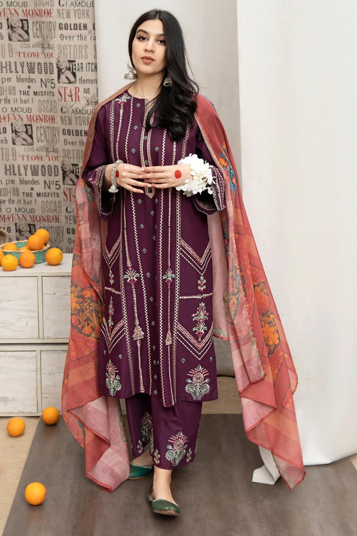 URGE - 3PC LAWN EMBROIDERED SHIRT WITH MANNAR PRINTED DUPATTA AND EMBROIDERED TROUSER - HZG1598