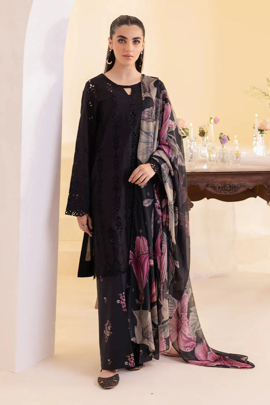 IZNIK - 3PC DHANAK EMBROIDERED SHIRT WITH TWILL PRINTED SHAWL AND TROUSER - HZG2423