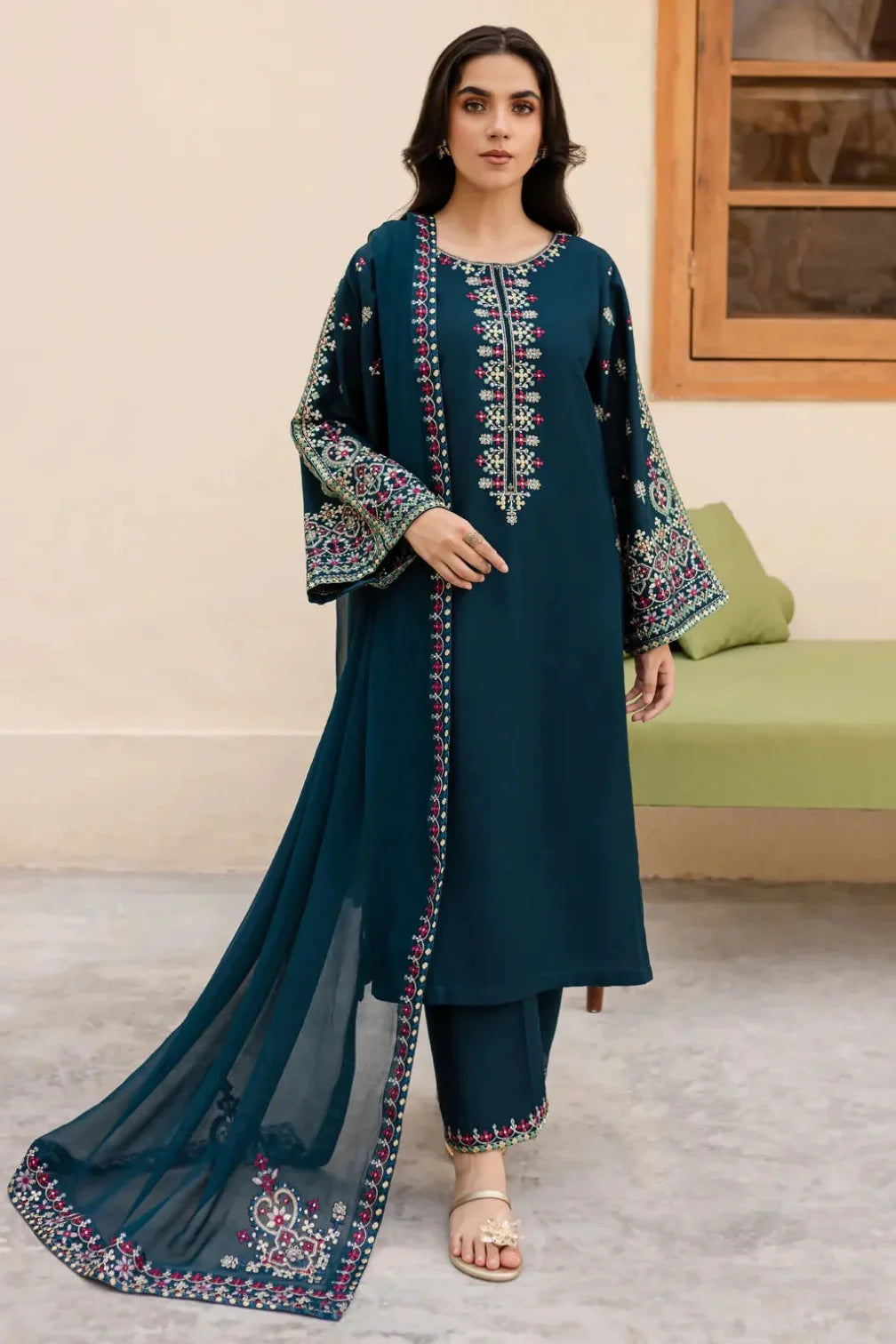 BATIK - 3PC DHANAK EMBROIDERED SHIRT WITH CHIFFON EMBROIDERED DUPATTA AND TROUSER - HZG2779