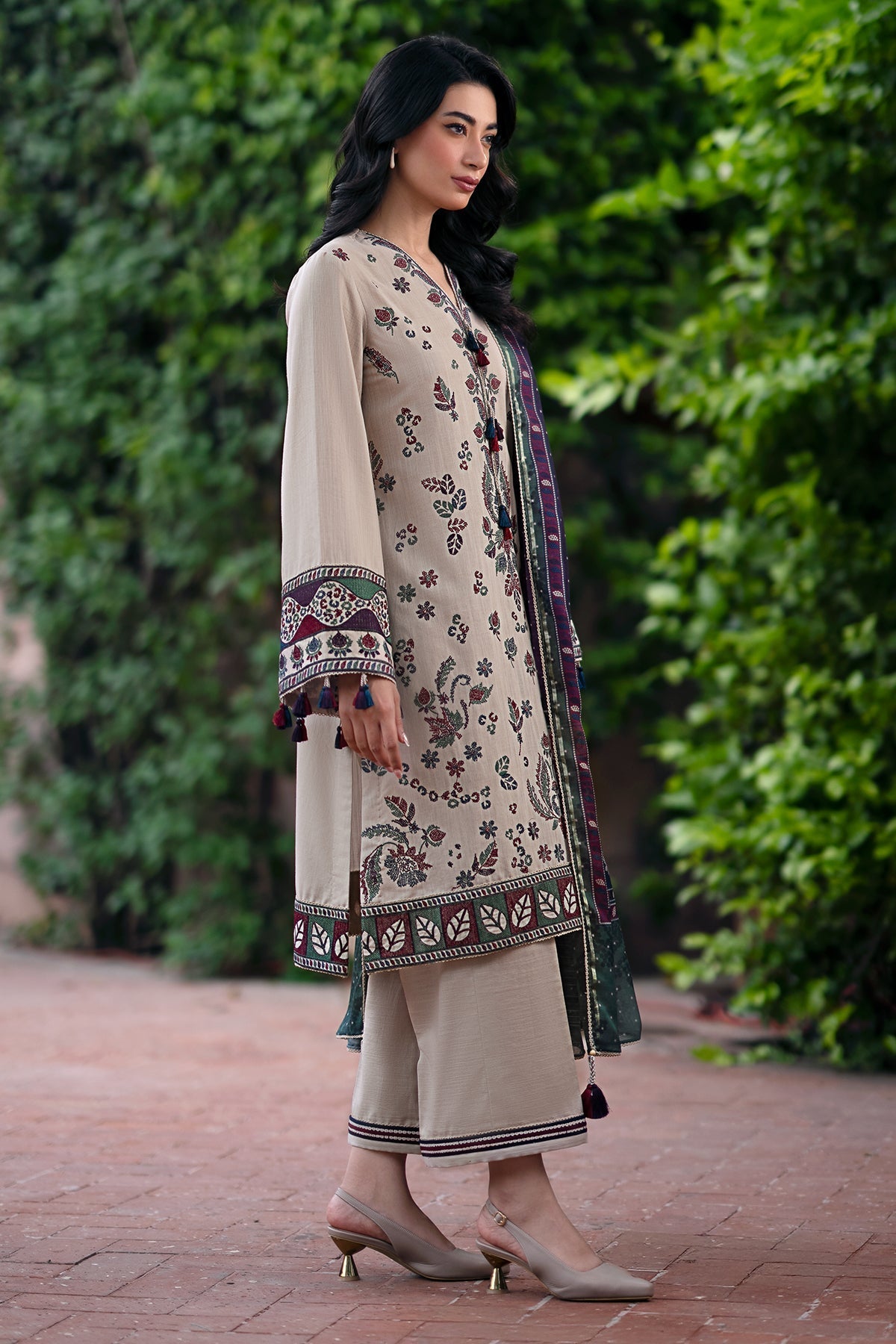 JAZMIN - 3PC DHANAK EMBROIDERED SHIRT WITH TWILL PRINTED SHAWL AND TROUSER - HZG1882